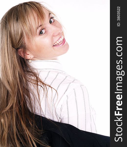 Happy blond woman in black suit. Happy blond woman in black suit