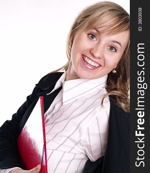 Smiling woman with pink folder on her hand. Smiling woman with pink folder on her hand