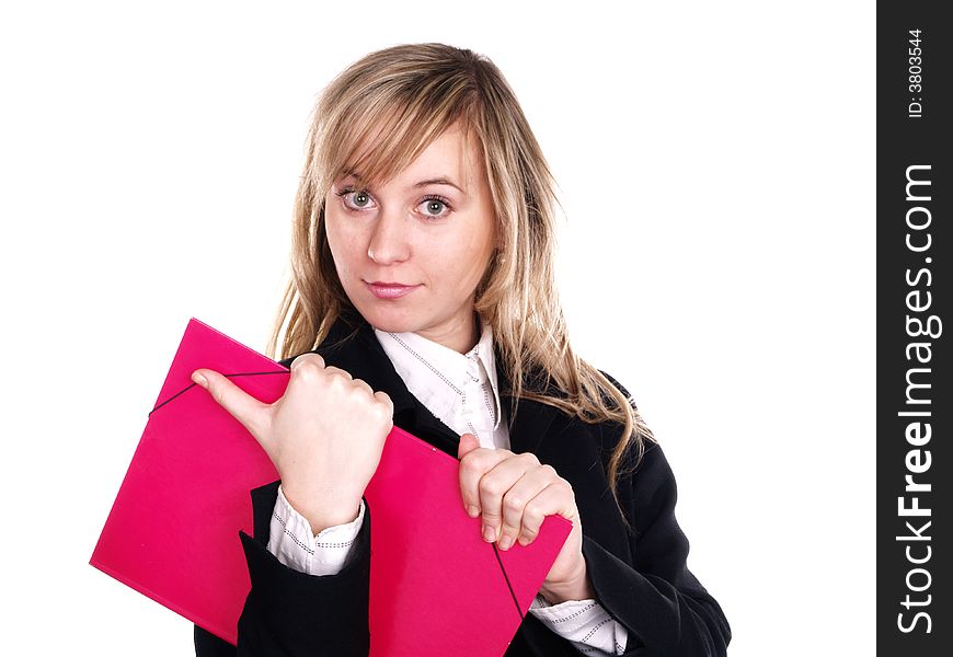 Smiling woman with pink folder on her hand. Smiling woman with pink folder on her hand