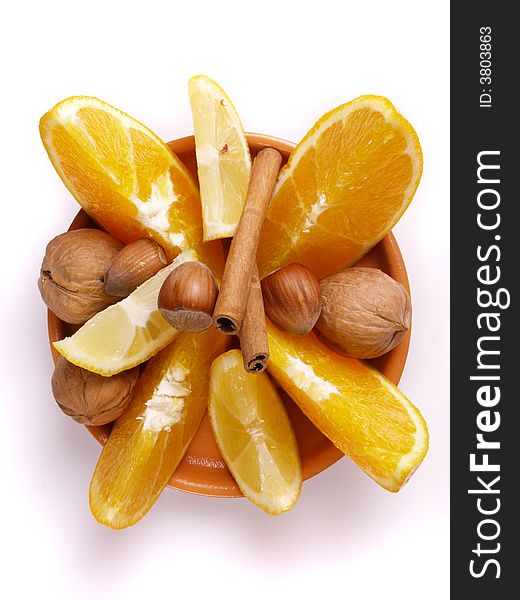 Juicy oranges, cinnamon, walnut and lemon. Juicy oranges, cinnamon, walnut and lemon