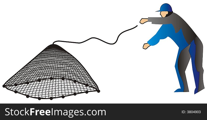 Art illustration of a fisher or hunter with a net