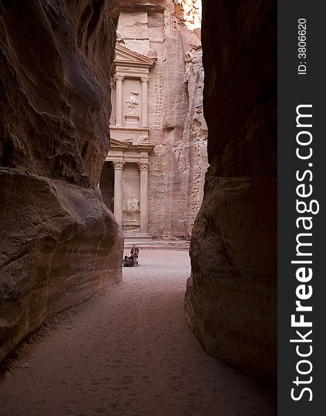 The Treasury viewed through canyon Petra Jordan, one of the seven new wonders of the world