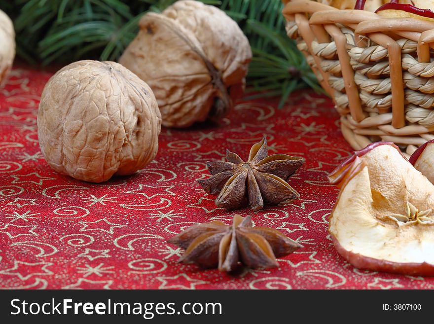 Dried apples, walnuts and anise on the cloth
