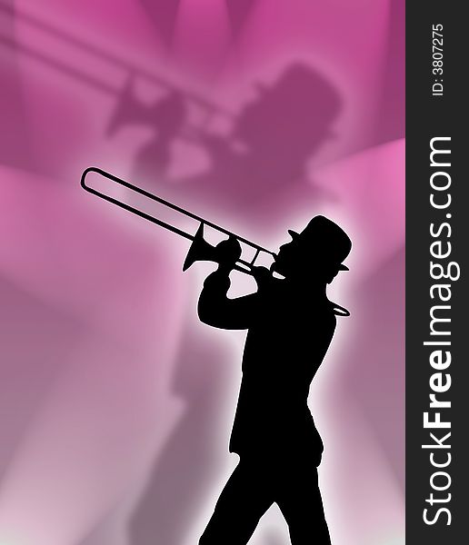 Trumpet player silhouette in the pink lights. Trumpet player silhouette in the pink lights