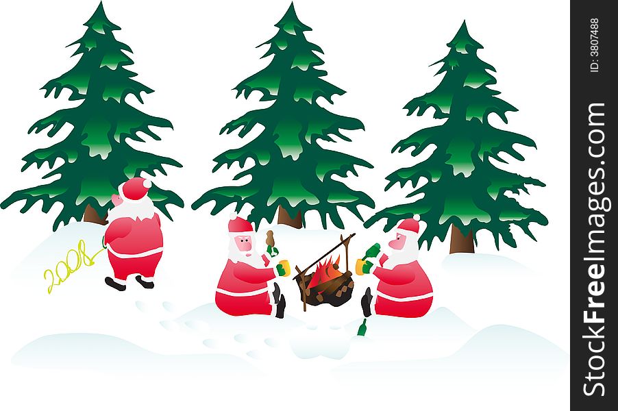 Three Santa have a rest under fur-trees.