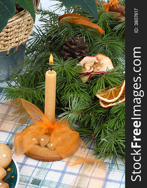 Candlestick, candle with ribbon, advent wreath. Candlestick, candle with ribbon, advent wreath