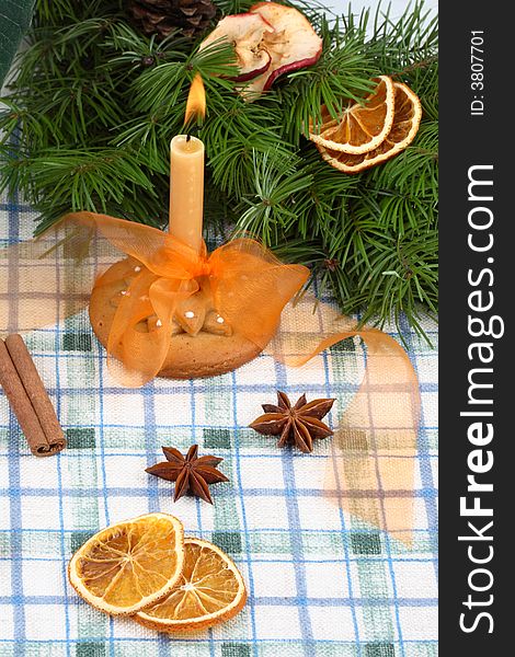 Advent wreath, spices dried orange, candle. Advent wreath, spices dried orange, candle