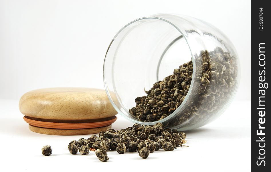 Glass Can With Green Tea Isolated