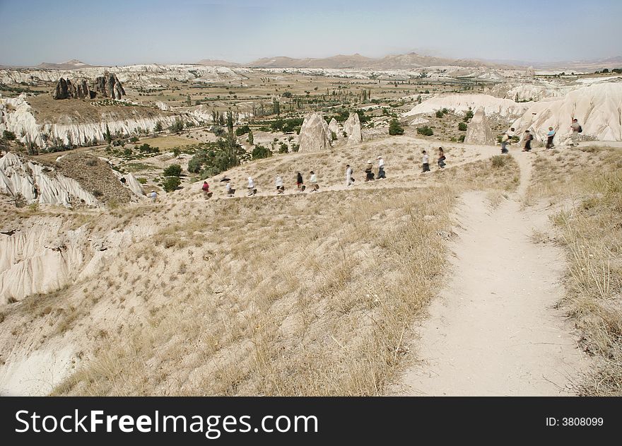 Image of a tour group hiking in cappadocia -Turkey
