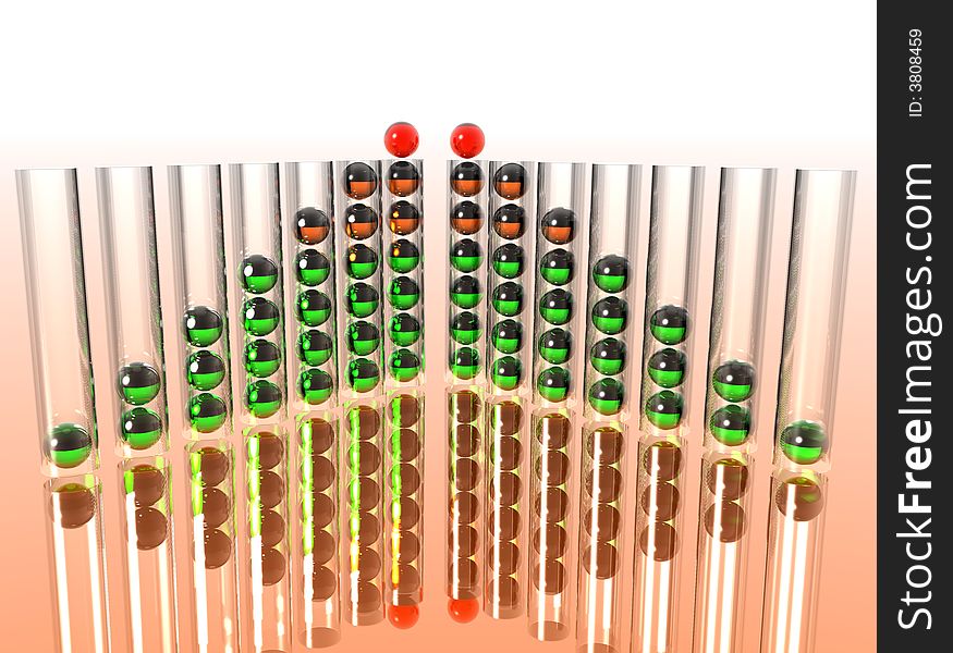 Glass transparent tubes with multi-coloured spheres going to a distance. Glass transparent tubes with multi-coloured spheres going to a distance