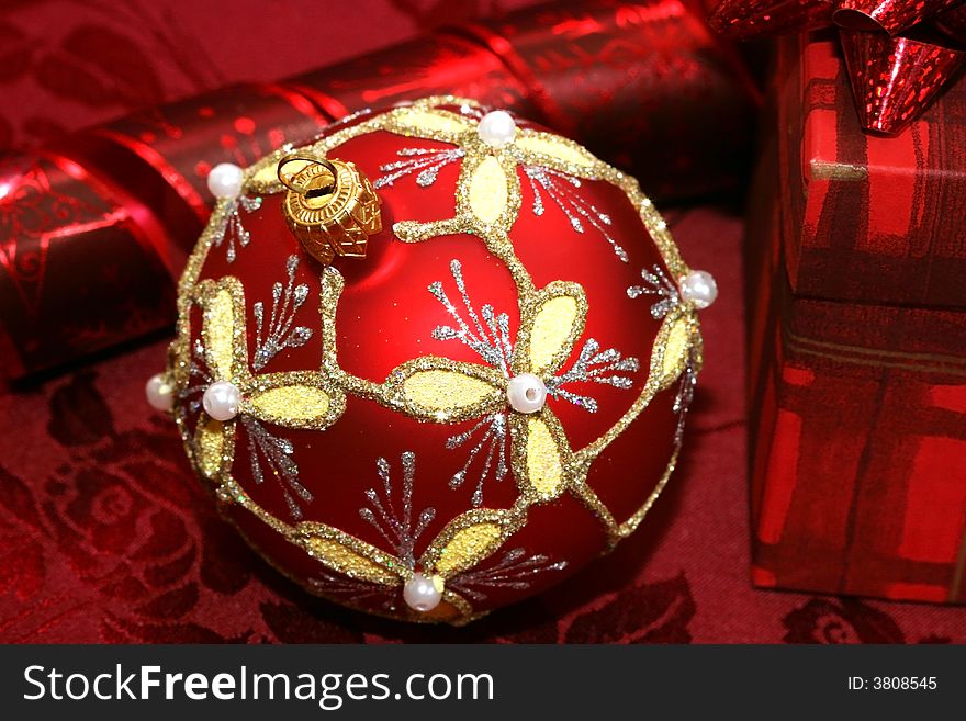 Red Christmas ball and gift box