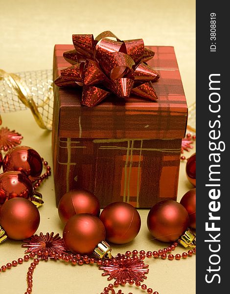 Beautiful red Christmas ball and gift box. Beautiful red Christmas ball and gift box