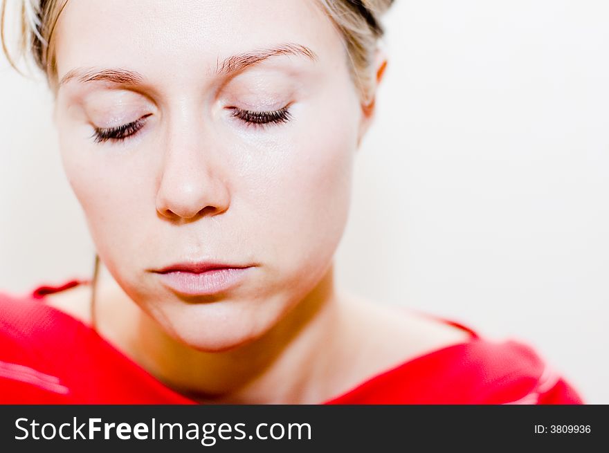 Portrait sad woman with red dress. Portrait sad woman with red dress