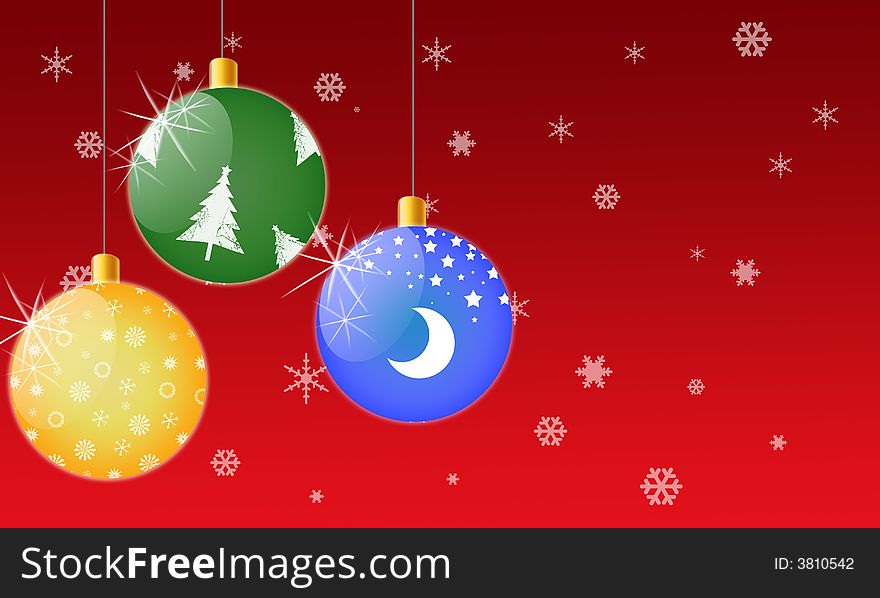 A computer drawing of three Christmas Baubles/ decorations  on a red background with snow. A computer drawing of three Christmas Baubles/ decorations  on a red background with snow
