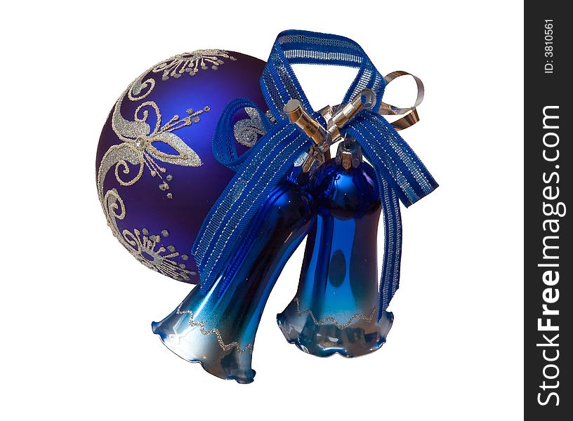 Photo of a big blue Christmas tree ball and two bells. Photo of a big blue Christmas tree ball and two bells
