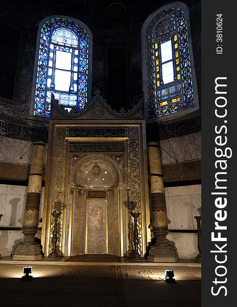 Islamic mihrab in Hagia Sophia`s interiors. Istanbul, Turkey.