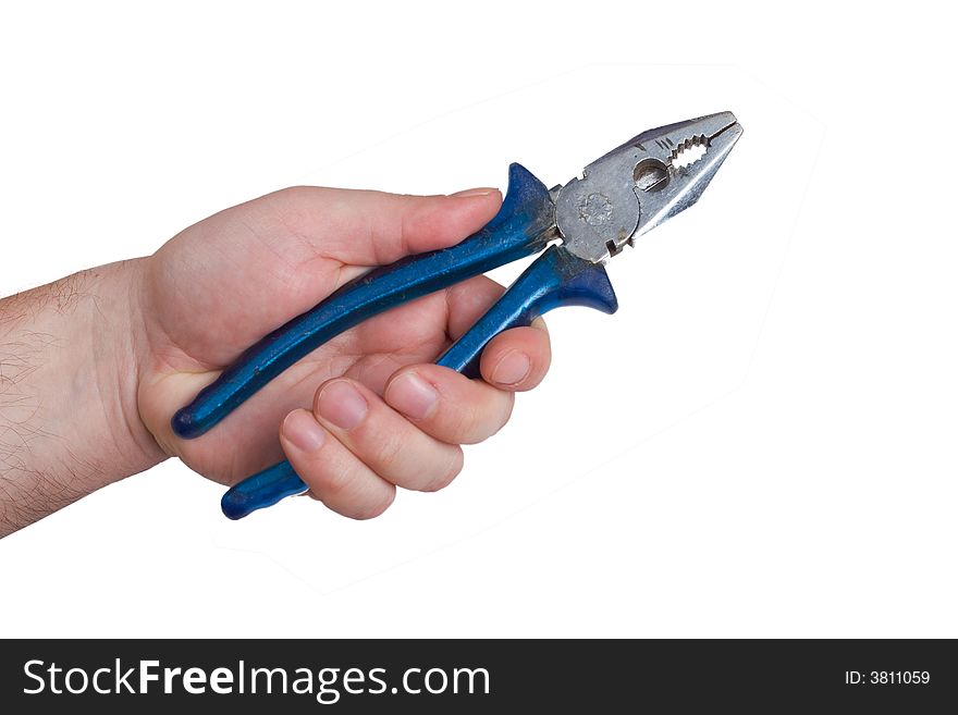 Hand of man holding pliers isolated on white