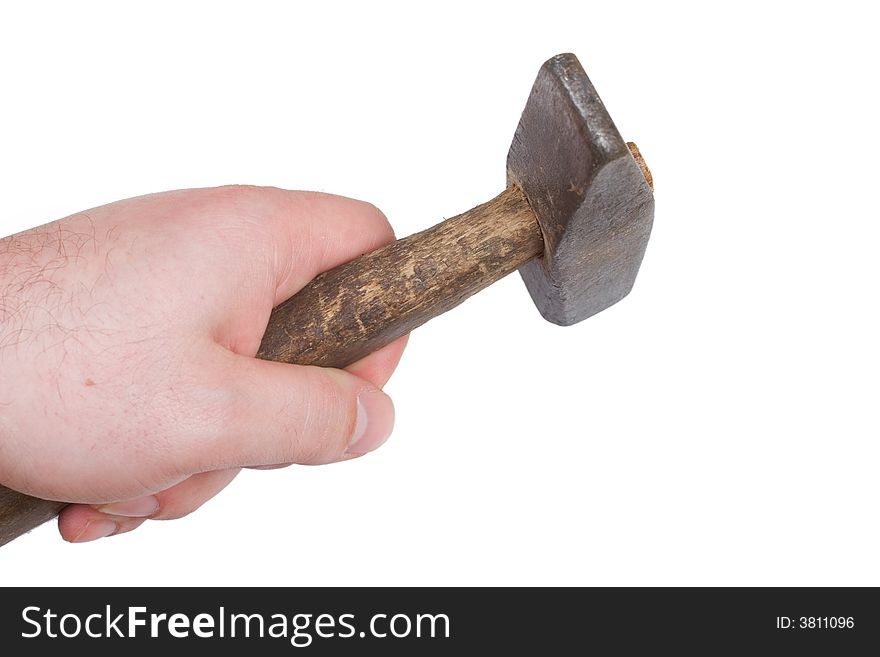 Hand of man holding hammer isolated on white