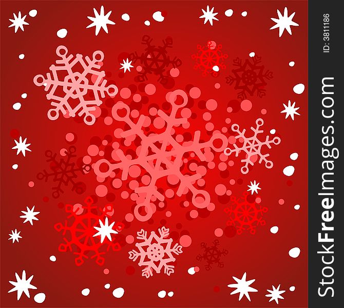 Red snowflakes and stars on a red ornate background. Christmas illustration. Red snowflakes and stars on a red ornate background. Christmas illustration.