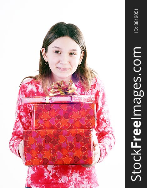 A girl with gifts on white background