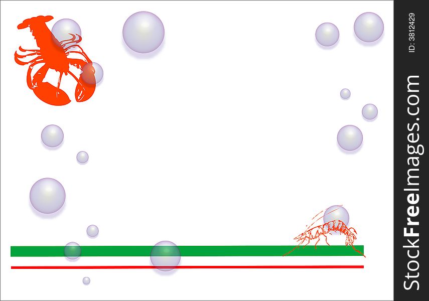 Colored illustration with shrimp and lobster on white background with blue bubbles