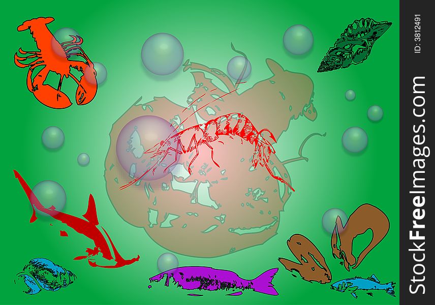 Green background with lobster, shrimp, fish, shark, shell and blue bubbles. Green background with lobster, shrimp, fish, shark, shell and blue bubbles