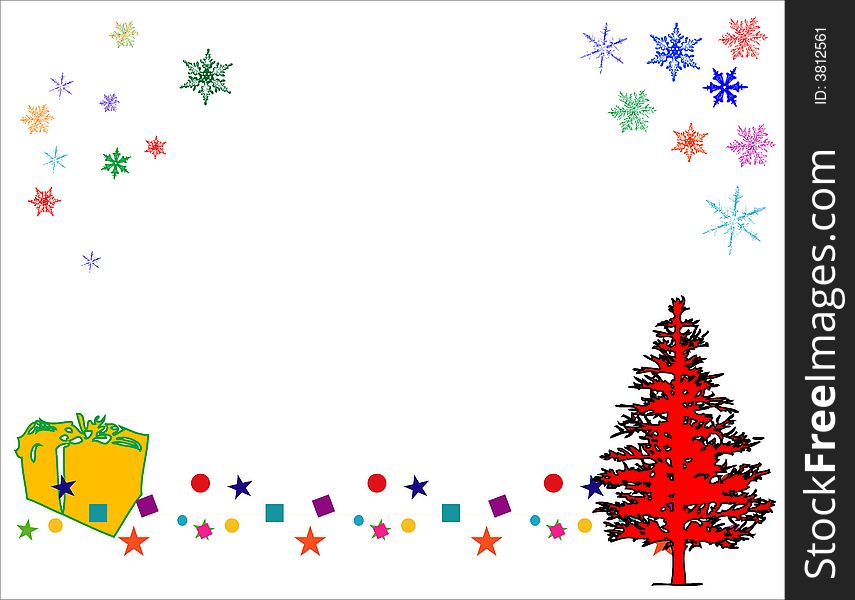 White background with red christmas tree, yellow box and colored snowflakes. White background with red christmas tree, yellow box and colored snowflakes
