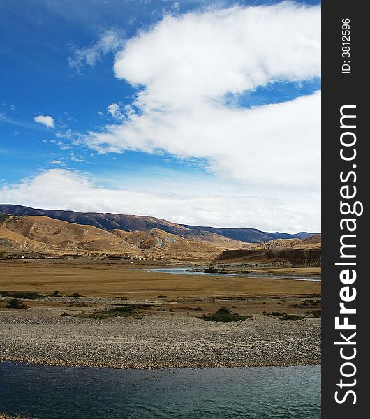 Clouds and River in the West China. For the good air condition, the sky looks so blue.