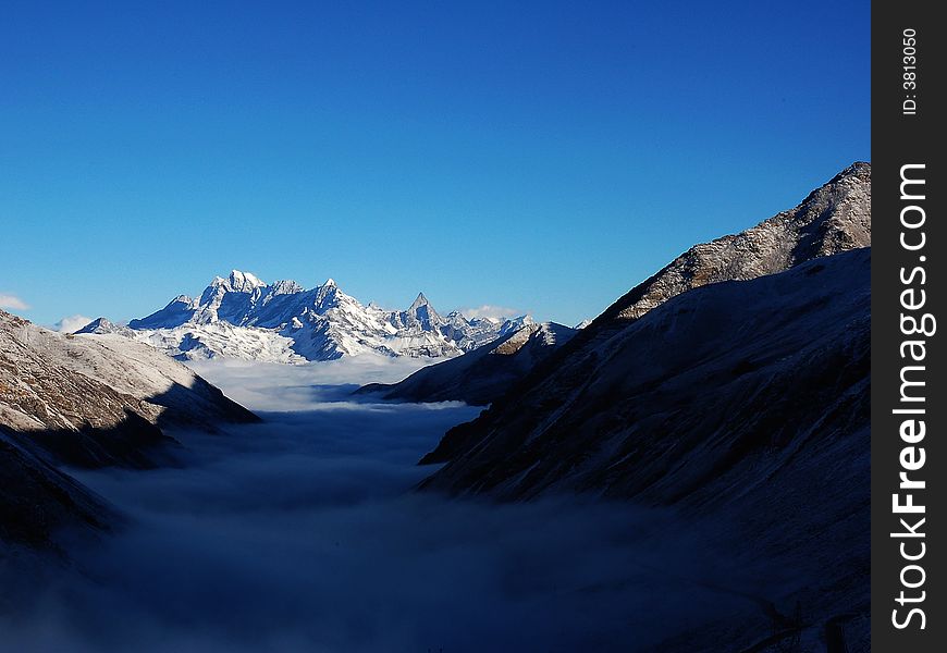 View the jokul with a foggy valley in the middle. The jokul is a very famous view which is called the oriental Alps.