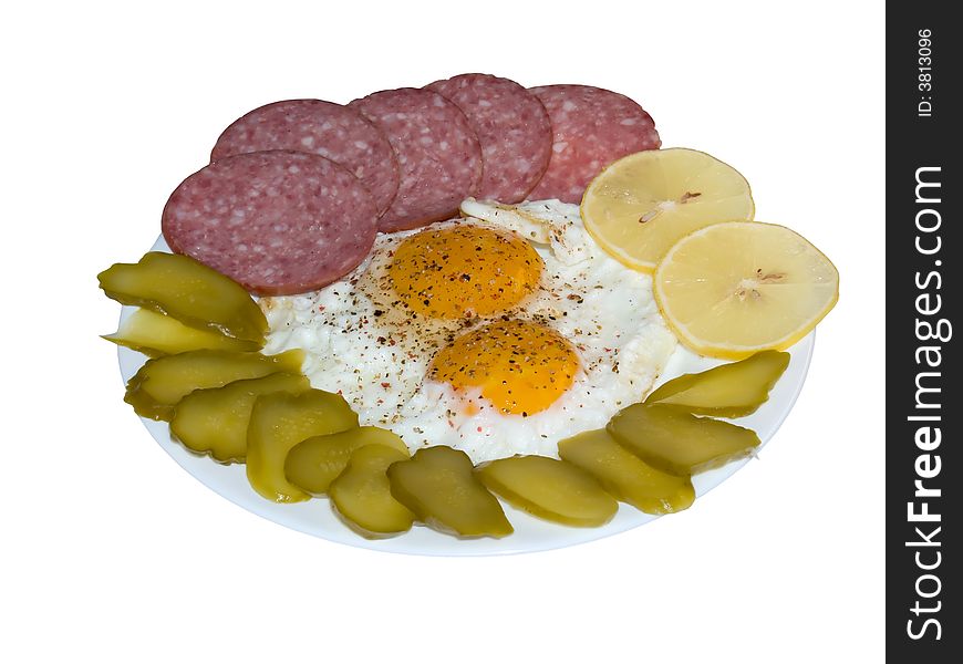 Fried Eggs With Salami, Lemon And Pickles