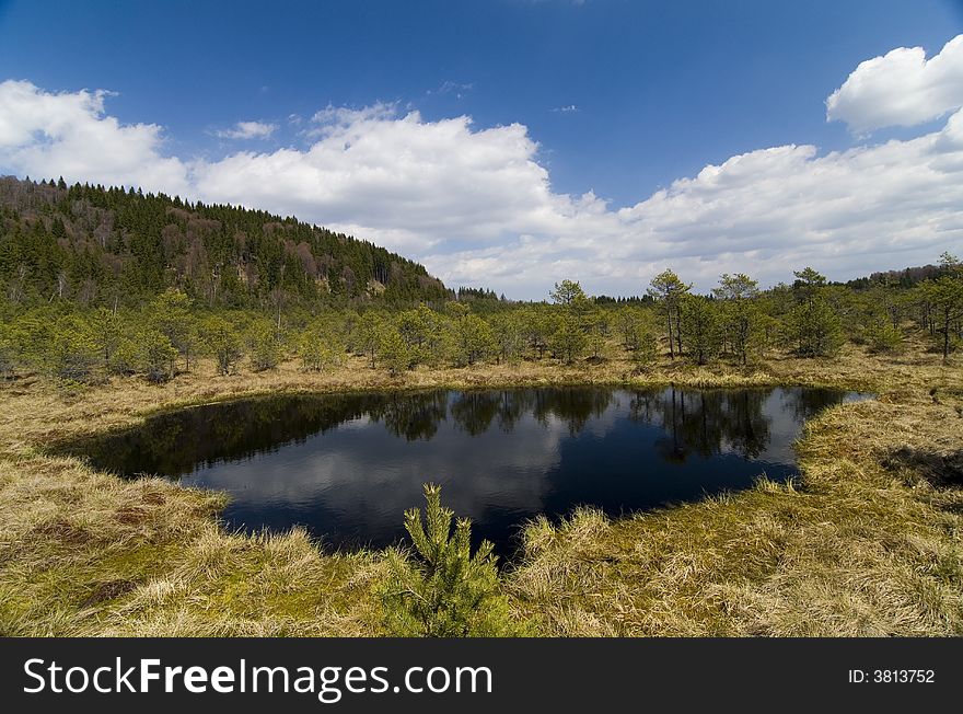 Volcano marsh lake landscape shot on a white cloudy day. Volcano marsh lake landscape shot on a white cloudy day