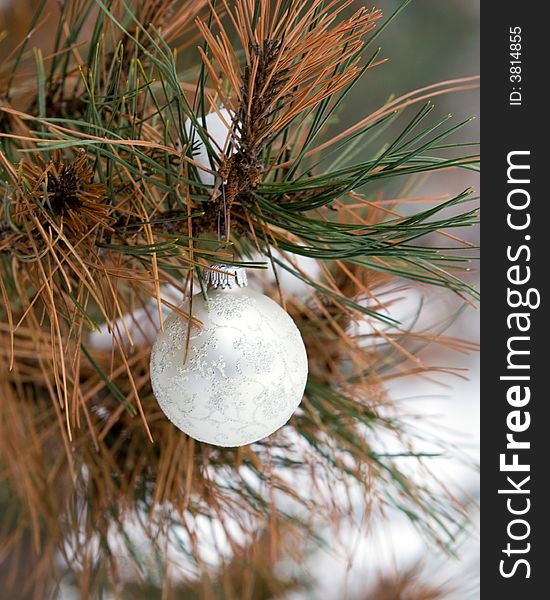 White and Silver Christmas Ornament in a snowy pine tree