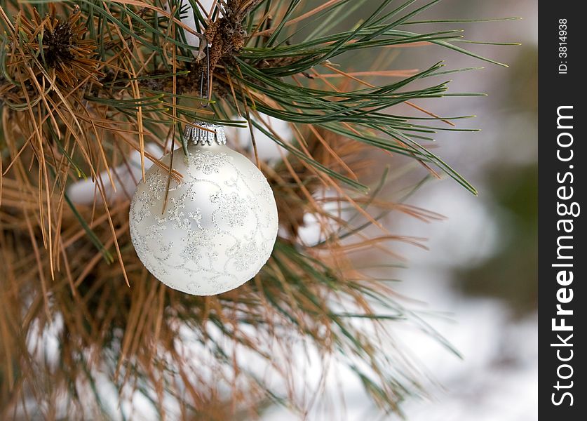 White and Silver Christmas Ornament in a snowy pine tree