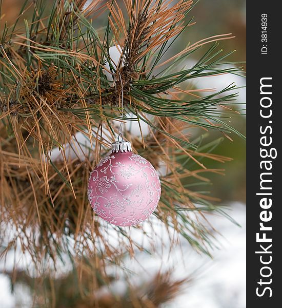 Pink and Silver Christmas Ornament in a snowy pine tree