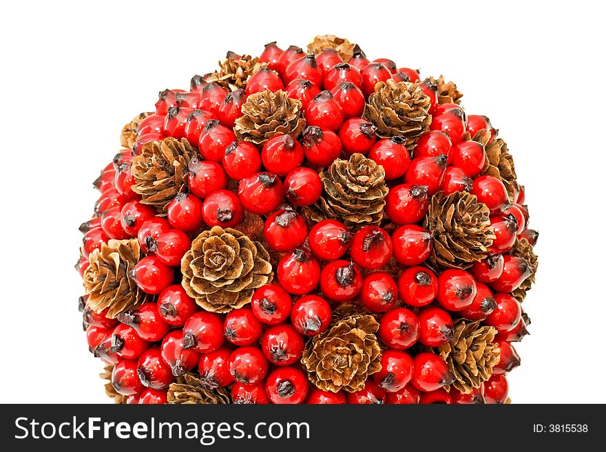 Berry and pine cone decorative Christmas ball. Berry and pine cone decorative Christmas ball