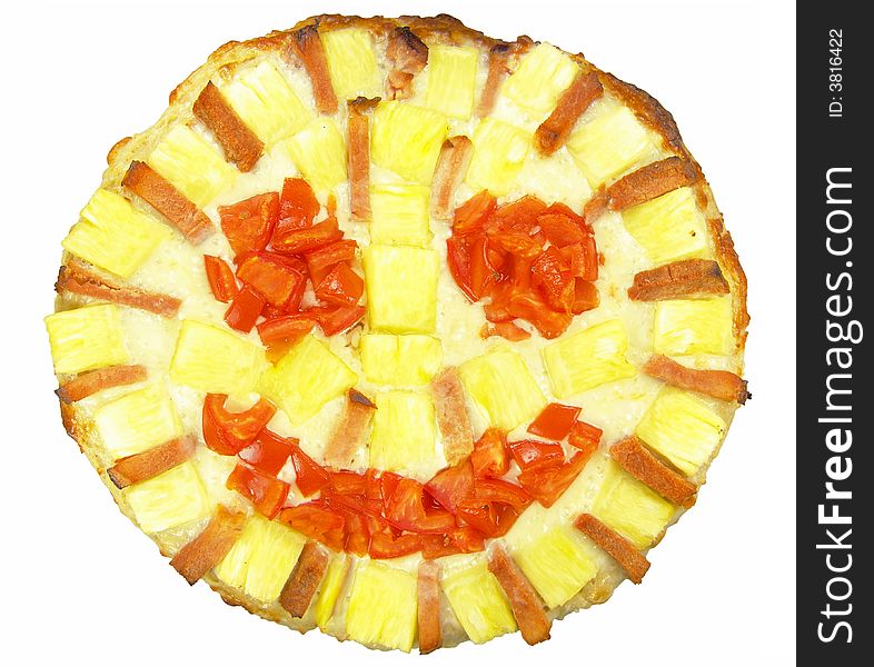 Isolated pizza with tomato, ham and pineapple showing a happy face (close-up). Isolated pizza with tomato, ham and pineapple showing a happy face (close-up)