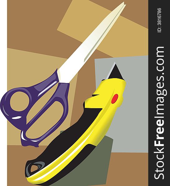 Illustration of a scissor with paper cutter in pattern background