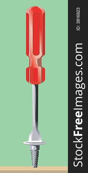 Illustration of red handle screw driver shaped wood driller