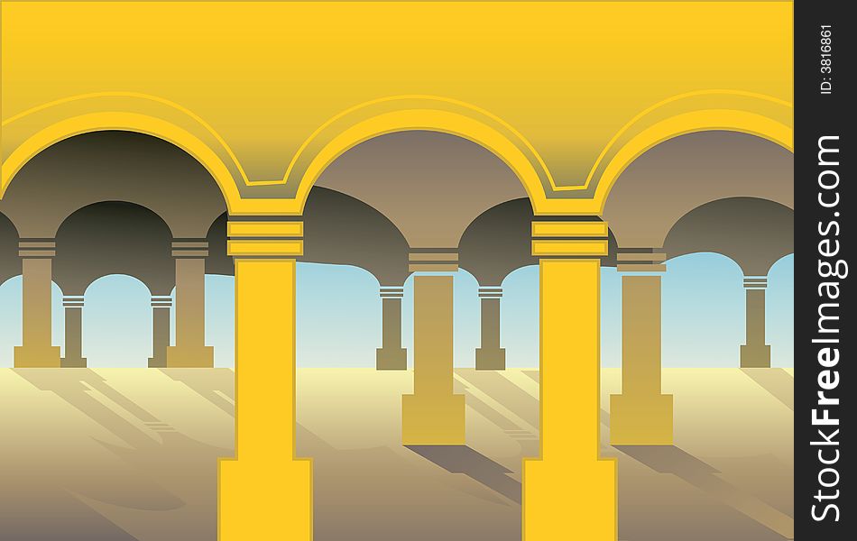 Illustration of U- Shaped pillars in radiant yellow light.