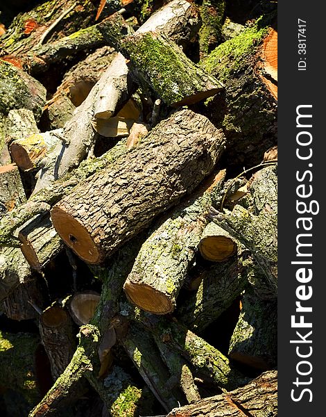 Winter firewood pile background. Detail