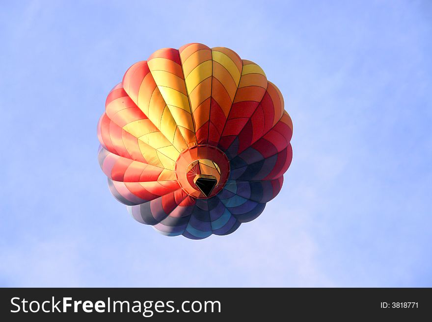 A view of a hot air balloon from almost directly below it