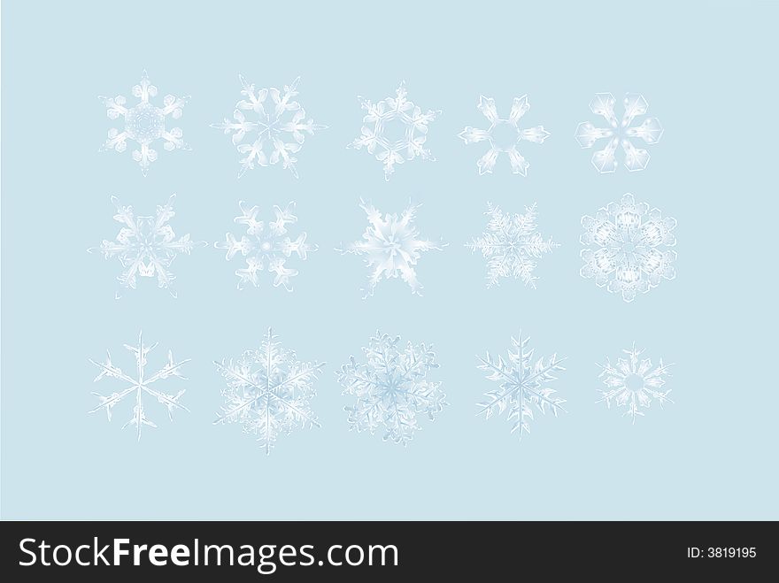 Collection of 15 different snowflakes. Collection of 15 different snowflakes