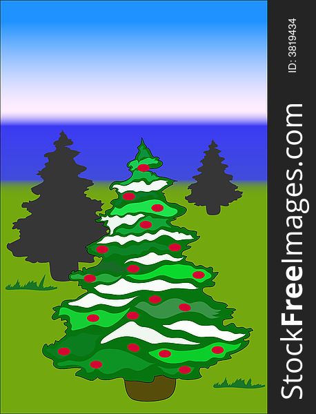Three christmas trees on a green field with water on the background