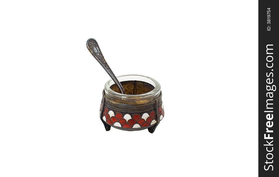 Ancient Metal-Glass Sauce-Boat with a Spoon isolated on white. Ancient Metal-Glass Sauce-Boat with a Spoon isolated on white