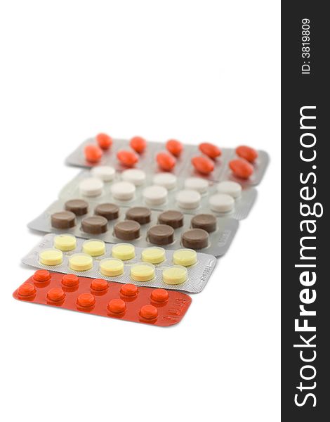 Set of pills blister packings isolated on white. Set of pills blister packings isolated on white