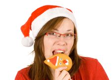 Santa Girl With Red Specs And Santa Gingerbread Royalty Free Stock Photography Santa Girl With Red Specs And Santa Gingerbread Royalty Free Stock Photography