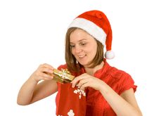 My Gold Gift, Santa Girl And Her Gift Stock Image My Gold Gift, Santa Girl And Her Gift Stock Image