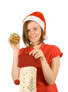 My Christmas Gift, Santa Girl With Her Present Stock Photography My Christmas Gift, Santa Girl With Her Present Stock Photography