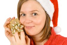 My Christmas Gift, Cute Santa And Her Golden Wrap Stock Image My Christmas Gift, Cute Santa And Her Golden Wrap Stock Image