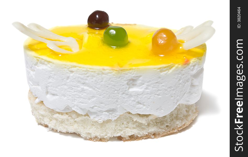 Closeup of single cheesecake isolated on white background.